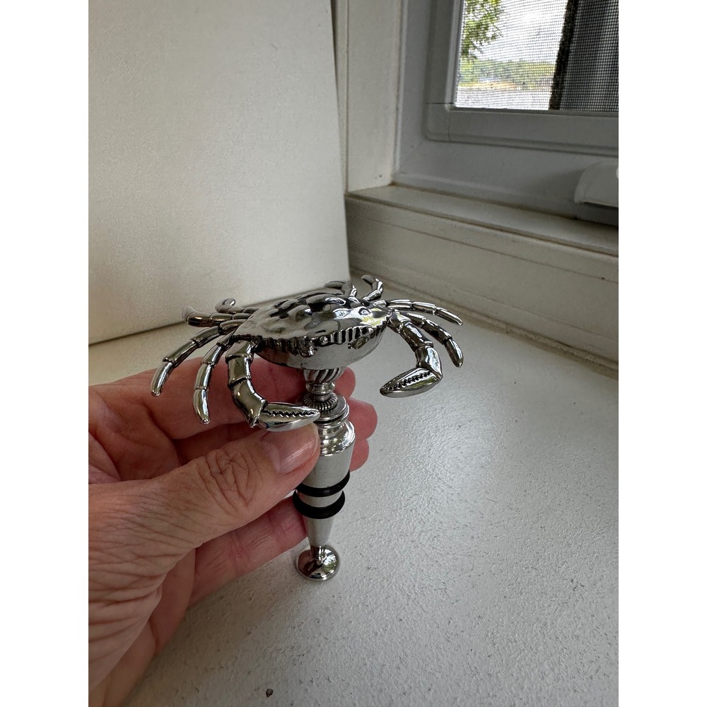 Silver Tone Crab Wine Bottle Stopper Nautical Coastal Barware Accessory